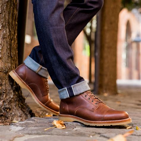 Rancourt and co - Horween Chromexcel is highly water resistant and the storm welt / Vibram mini-lug combination is built to take on the elements. The Derby style is considered a little more casual with it's blucher type lacing and pairs perfectly with denim or chinos. This is the perfect shoe at the office or when you're out with some friends on the weekend.